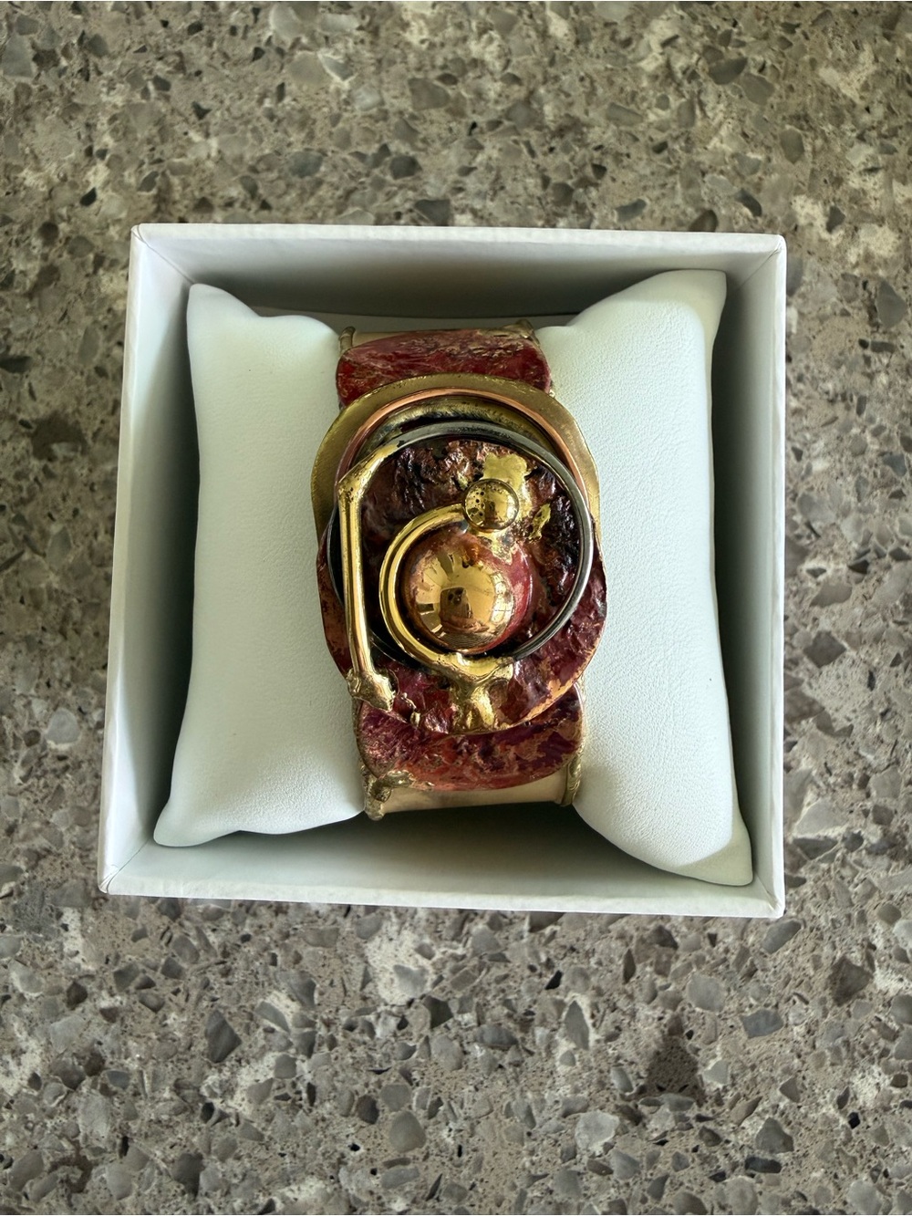 Brutalist Cuff Bracelet 1970s Bold Gold-Tone Red Statement Cuff Bracelet